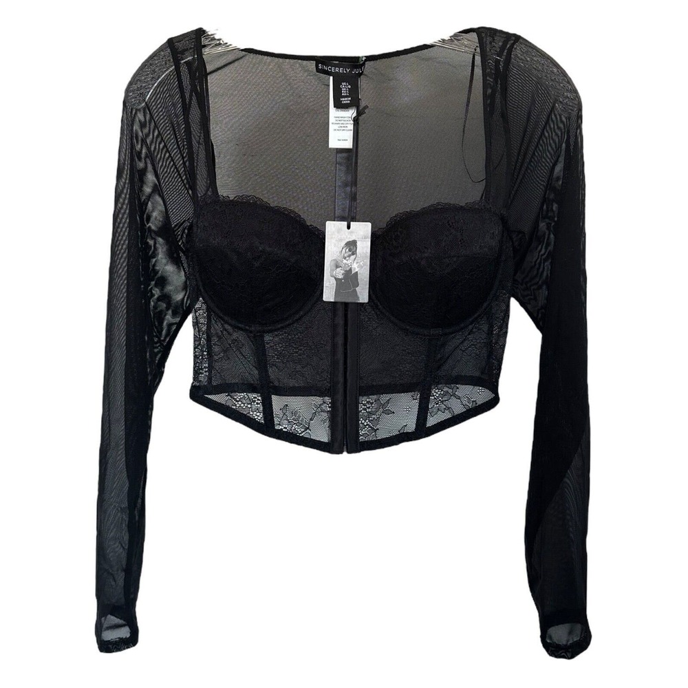 Sincerely Jules Junior's Lace Corset Top Long Mesh Sleeve Sheer Size L Black